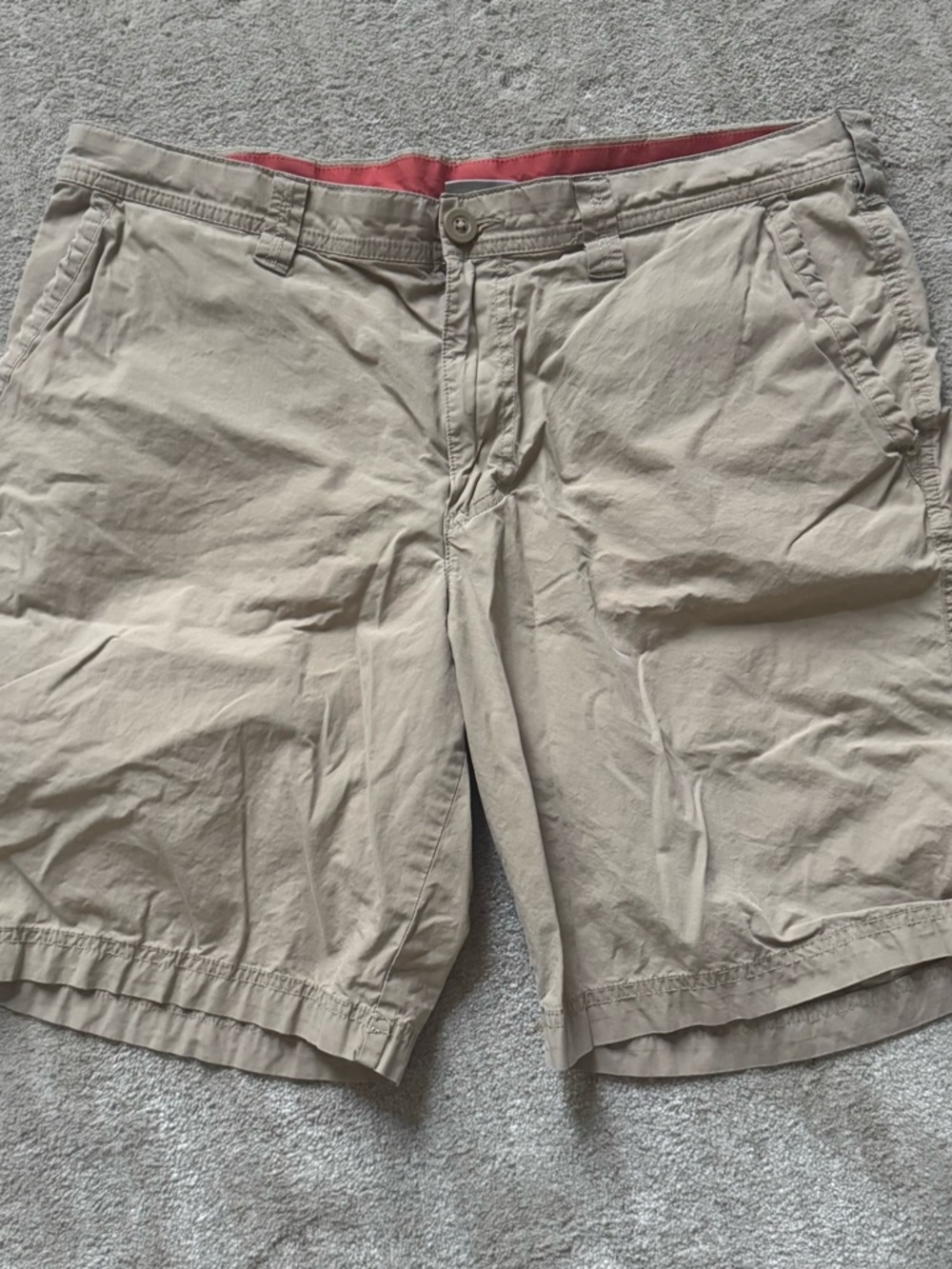 Columbia Men's Khaki Flat Front Shorts with Red Waistband Lining